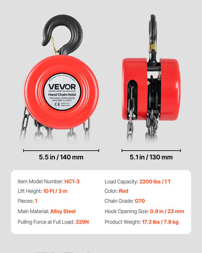 Hand Chain Hoist, 1 Ton Capacity, Manual Chain Block with Upgrade G70 Galvanized Chain, 3 m Lifting Height, Heavy Duty Pulley Hoist for Garage Warehouse Automotive Machinery, Red