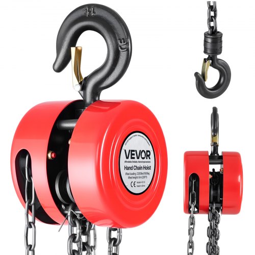 Hand Chain Hoist, 1 Ton Capacity, Manual Chain Block with Upgrade G70 Galvanized Chain, 6 m Lifting Height, Heavy Duty Pulley Hoist for Garage Warehouse Automotive Machinery, Red
