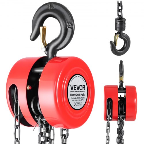Hand Chain Hoist, 1 Ton Capacity, Manual Chain Block with Upgrade G70 Galvanized Chain, 2.44 m Lifting Height, Heavy Duty Pulley Hoist for Garage Warehouse Automotive Machinery, Red