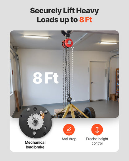 Handtelfer, 1 ton kapacitet, manuell kedjeblock med uppgradering G70 galvaniserad kedja, 2,44 m lyfthöjd, kraftig remskivetelfer för garage, lager, fordonsmaskiner, röd