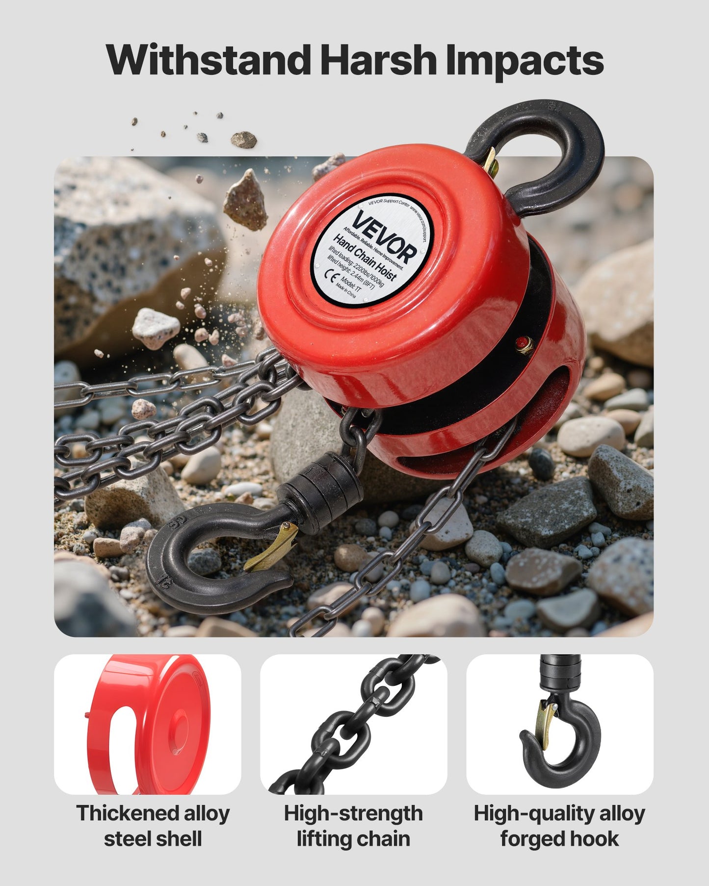 Handtelfer, 1 ton kapacitet, manuell kedjeblock med uppgradering G70 galvaniserad kedja, 2,44 m lyfthöjd, kraftig remskivetelfer för garage, lager, fordonsmaskiner, röd