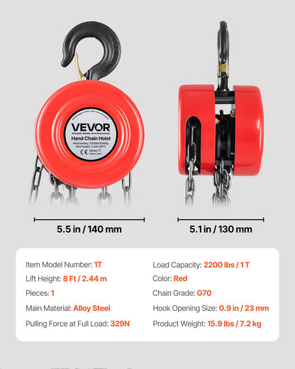 Handtelfer, 1 ton kapacitet, manuell kedjeblock med uppgradering G70 galvaniserad kedja, 2,44 m lyfthöjd, kraftig remskivetelfer för garage, lager, fordonsmaskiner, röd