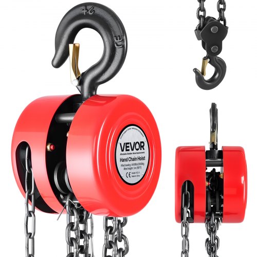 Hand Chain Hoist, 2 Ton Capacity, Manual Chain Block with Upgrade G70 Galvanized Chain, 3 m Lifting Height, Heavy Duty Pulley Hoist for Garage Warehouse Automotive Machinery, Red