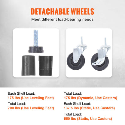 Förvaringshylla med hjul, justerbar i 4 nivåer, kapacitet på 340 kg, kraftiga garagehyllor i metall, trådställ, svart, 122 cm L x 43 cm B x 183 cm H för kök, skafferi, källare, badrum