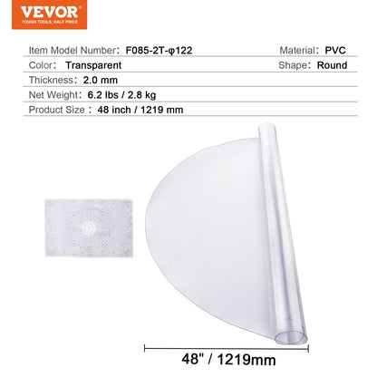 Plastic Table Cover, 48 x 48 Inch 2.0 mm Thick Clear Table Protector, Round PVC Desk Mat, Waterproof & Easy Cleaning Desk Pad Tablecloth, for Office Dresser Dining Room Table Night Stand