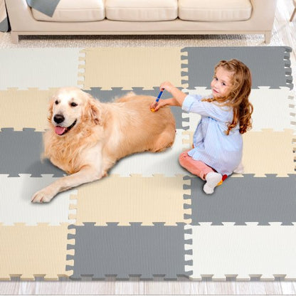 16 Tiles Kids Play Mat, 0.4 Inch Toddler Play Mat with EVA Foam, 12" x 12" Puzzle Play Mat with 16 sq.ft Coverage, Interlocking Toddler Mats for Play Room, Nursery, Living Room, Camel&Gray&Beige