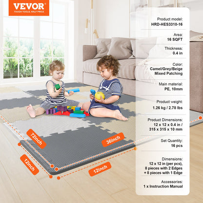 16 Tiles Kids Play Mat, 0.4 Inch Toddler Play Mat with EVA Foam, 12" x 12" Puzzle Play Mat with 16 sq.ft Coverage, Interlocking Toddler Mats for Play Room, Nursery, Living Room, Camel&Gray&Beige