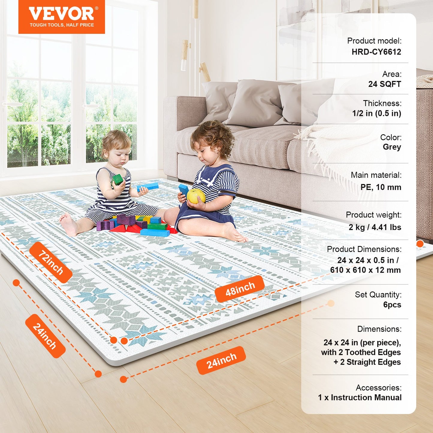 6 Tiles Kids Play Mat, 0.5 Inch Toddler Play Mat with EVA Foam, 24" x 24" Puzzle Play Mat with 24 sq.ft Coverage, Interlocking Toddler Mats for Play Room, Nursery, Living Room, Light Gray