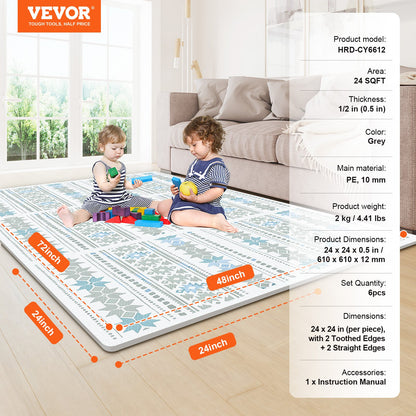 6 Tiles Kids Play Mat, 0.5 Inch Toddler Play Mat with EVA Foam, 24" x 24" Puzzle Play Mat with 24 sq.ft Coverage, Interlocking Toddler Mats for Play Room, Nursery, Living Room, Light Gray