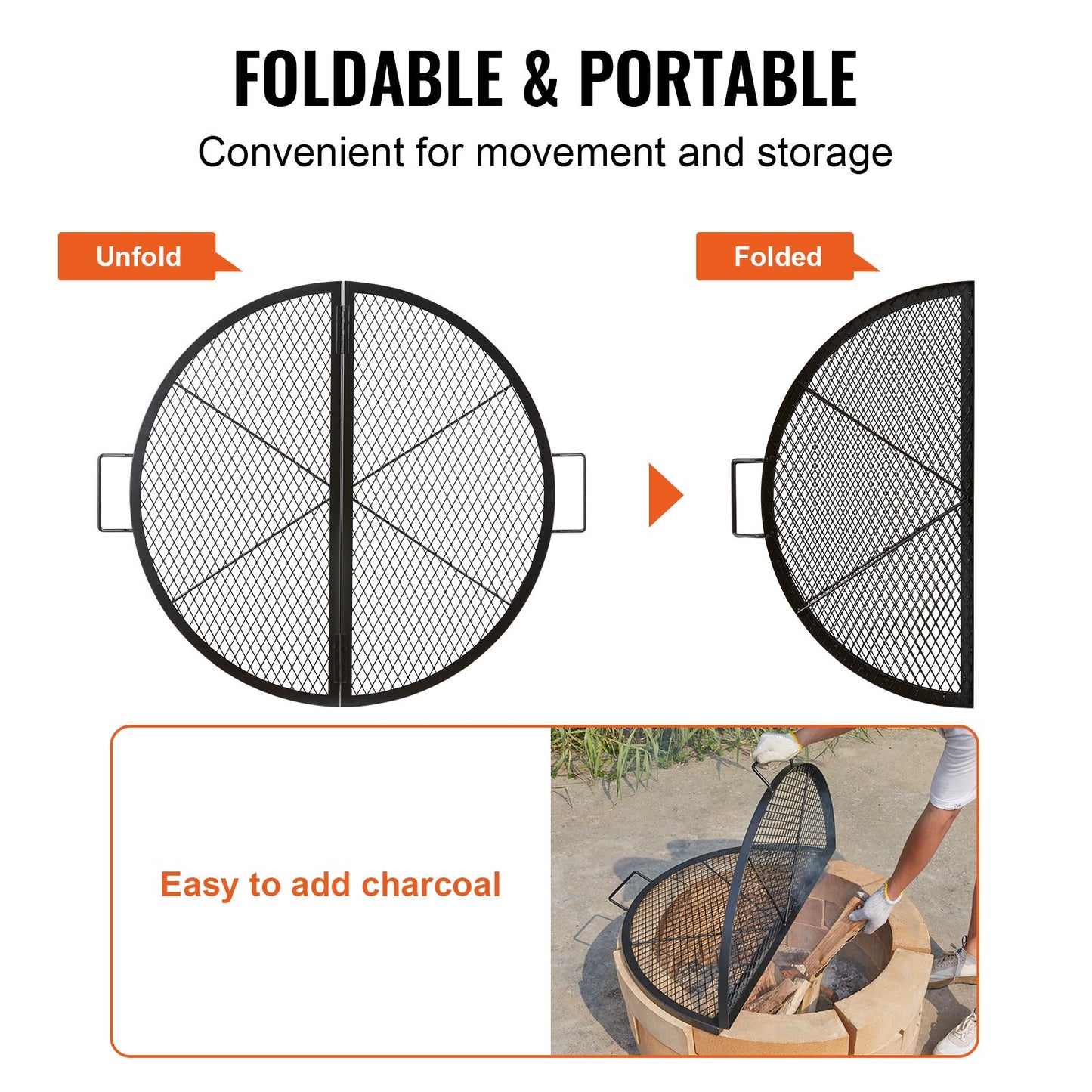 X-Marks Fire Pit Grill Grate, Foldable Round Cooking Grate, Heavy Duty Steel Campfire BBQ Grill Grid with Handle and Support X Wire, Portable Camping Cookware for Outside Party, 36 Inch Black