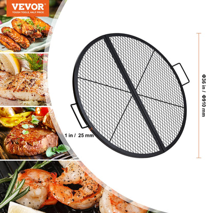 X-Marks Fire Pit Grill Grate, Foldable Round Cooking Grate, Heavy Duty Steel Campfire BBQ Grill Grid with Handle and Support X Wire, Portable Camping Cookware for Outside Party, 36 Inch Black