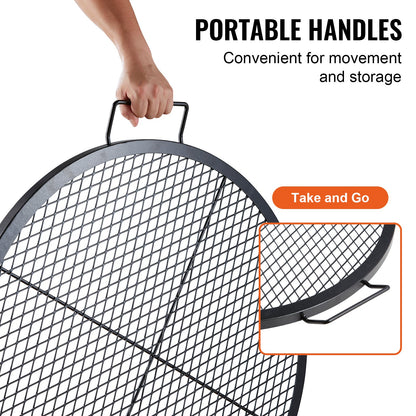 X-Marks Fire Pit Grill Grate, Round Cooking Grate, Heavy Duty Steel Campfire BBQ Grill Grid with Handle and Support X Wire, Portable Camping Cookware for Outside Party & Gathering, 30 Inch Black
