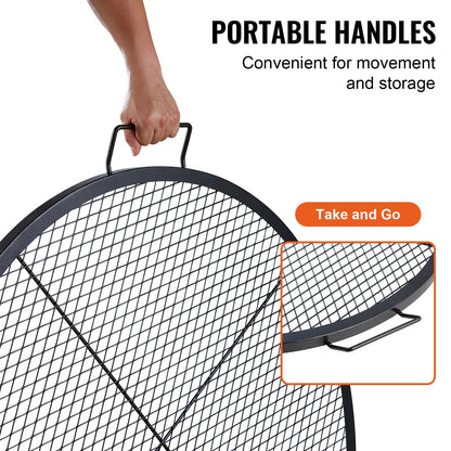 X-Marks eldstadsgrillgaller, runt matlagningsgaller, kraftigt stålgrillgaller för lägereld med handtag och stöd X-tråd, bärbart campingkokkärl för utomhusfester och sammankomster, 36 tum svart