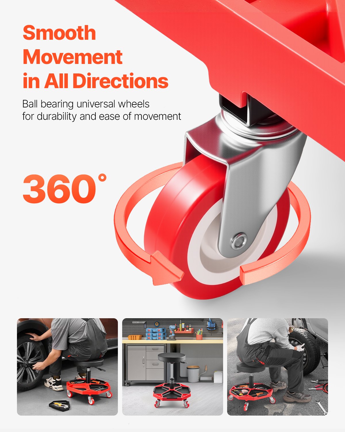 Rolling Mechanic Stool with Wheels, 300 lbs Capacity Garage Seat/Work Stool, Adjustable Height (16.5-21.7 in) Roller Creeper Seat with Tool Tray, for Garage, Shop & Auto Repair, Black+Red