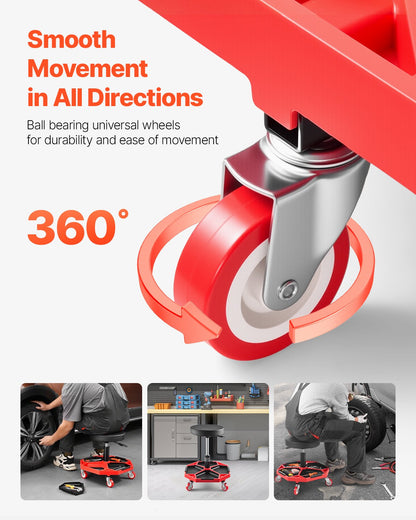 Rolling Mechanic Stool with Wheels, 300 lbs Capacity Garage Seat/Work Stool, Adjustable Height (16.5-21.7 in) Roller Creeper Seat with Tool Tray, for Garage, Shop & Auto Repair, Black+Red