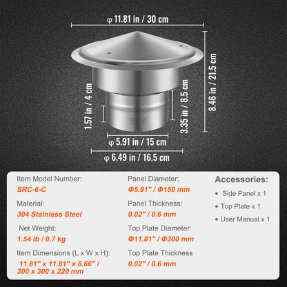 Chimney Cap, 152.4 mm, 304 Stainless Steel Round Roof Rain Cap, 300mm Increased Caps, All Weather & Reinforced Screws & Easy Installation, for Perfect Insulation Vent Cover Outside, Silver