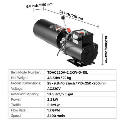 Hydraulic Pump Power Unit, AC 220V, 10 Quart Single Acting Hydraulic Unit, 6.3 L/min Oil Flow, Max Discharge Pressure 22 MPa for Dump Truck, Auto Repair Garage, Car Lifting Platforms, Black