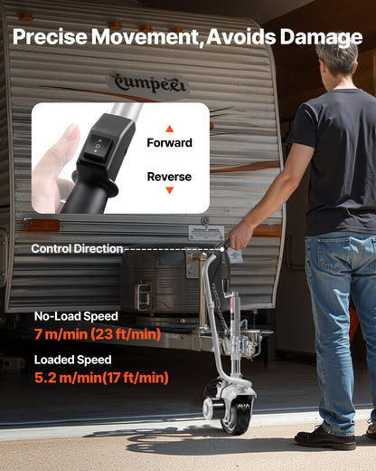 Elektrisk släpvagn, 2,5 ton dragkapacitet, 380 W 12 V motoriserat stödhjul med 7 m/min körhastighet, 31–63 cm justerbar klämhöjd och 20,3 cm gummidäck, för flytt av husvagn och båt