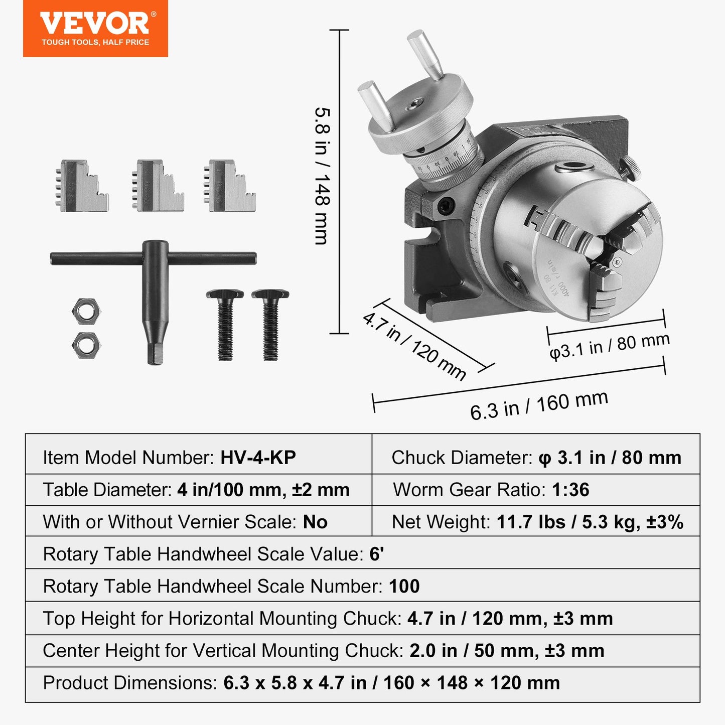 Rotationsbord för fräsmaskiner, 100 mm, horisontellt vertikalt modell, precisionsfräsningsrotationsbord, med 80 mm 3-backschuck M10 T-bultar och muttrar, för fräsning och indexeringsverktyg