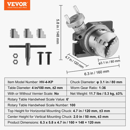 Rotationsbord för fräsmaskiner, 100 mm, horisontellt vertikalt modell, precisionsfräsningsrotationsbord, med 80 mm 3-backschuck M10 T-bultar och muttrar, för fräsning och indexeringsverktyg