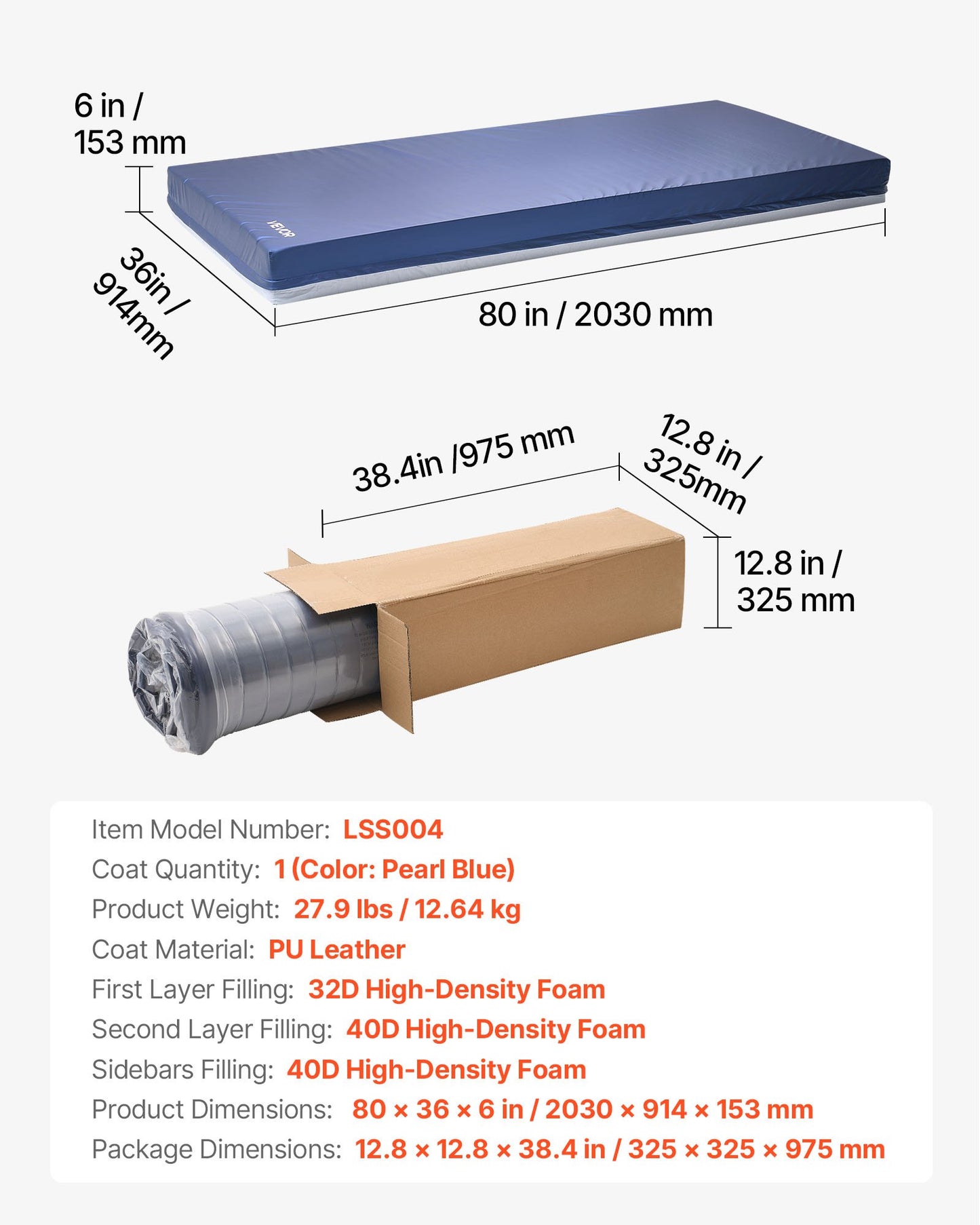 Hospital Bed Mattress, 227 kg Load, Long Term Care Pressure Redistribution Medical-Grade Dual Layer Foam Mattress, Waterproof for Bedsore Treatment Nursing Homes & Home Care, 914 x 2030 x 153 mm