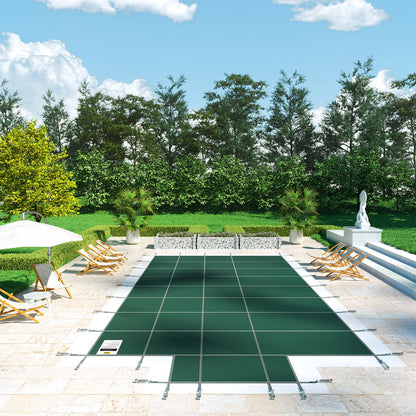 Pool Safety Cover Fits 18x36ft Rectangle Inground Pools, Safety Pool Cover with 4x10ft Center End Step, Mesh Solid Pool Cover with Drainage Holes for Swimming Pool, Winter Safety Cover, Green