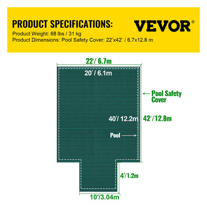 Pool Safety Cover Fits 20x40ft Rectangle Inground Pools, Safety Pool Cover with 4x10ft Center End Step, Mesh Solid Pool Cover with Drainage Holes for Swimming Pool, Winter Safety Cover, Green