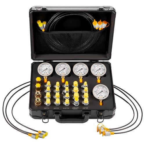 Hydraulic Pressure Test Kit, 10/60/160/400/600 Bar (150/900/2300/6000/9000 PSI), Hydraulic Gauge Kit 5 Gauges 20 Couplings 4 Quick-Release Couplers 3 Hoses for Excavator Construction Machinery