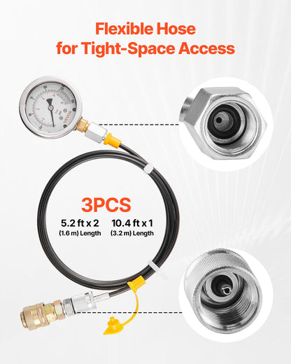 Hydraulic Pressure Test Kit, 10/60/160/400/600 Bar (150/900/2300/6000/9000 PSI), Hydraulic Gauge Kit 5 Gauges 20 Couplings 4 Quick-Release Couplers 3 Hoses for Excavator Construction Machinery