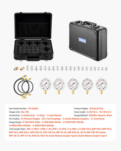 Hydraulic Pressure Test Kit, 10/60/160/400/600 Bar (150/900/2300/6000/9000 PSI), Hydraulic Gauge Kit 5 Gauges 20 Couplings 4 Quick-Release Couplers 3 Hoses for Excavator Construction Machinery