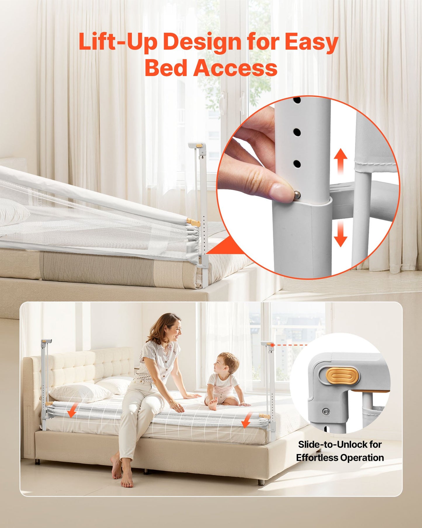 Sänggrind för småbarn, skyddsräcke för barnsängar med förstärkt järnrör och oxfordtyg, justerbart sängräcke, bärbart skydd för spjälsäng, våningssäng, 2000 x 890 mm, 1 styck