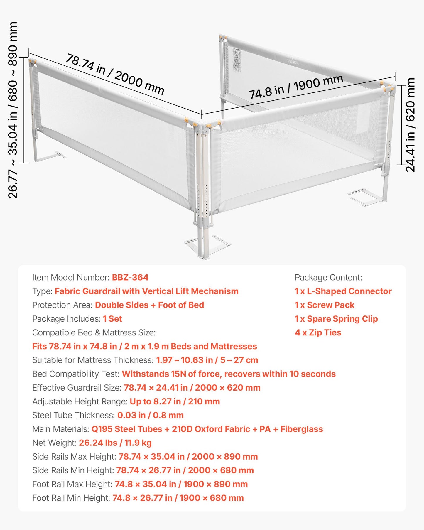 3-delad sänggrind för småbarn, skyddsräcke för barnsängar med förstärkt järnrör och oxfordtyg, justerbart sängräcke på sidorna, bärbart skyddsräcke för king size-säng, 3 sidor, grå