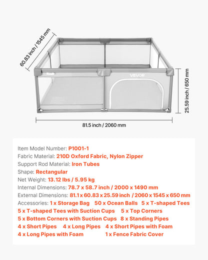 Baby Playpen, 2000 x 1490mm Large Toddlers Playpen, Indoor/Outdoor Baby Fence Play Yard with 50 Ocean Balls, Zippered Door & Breathable Mesh, No-Gap Safety Activity Center for Babies Toddlers
