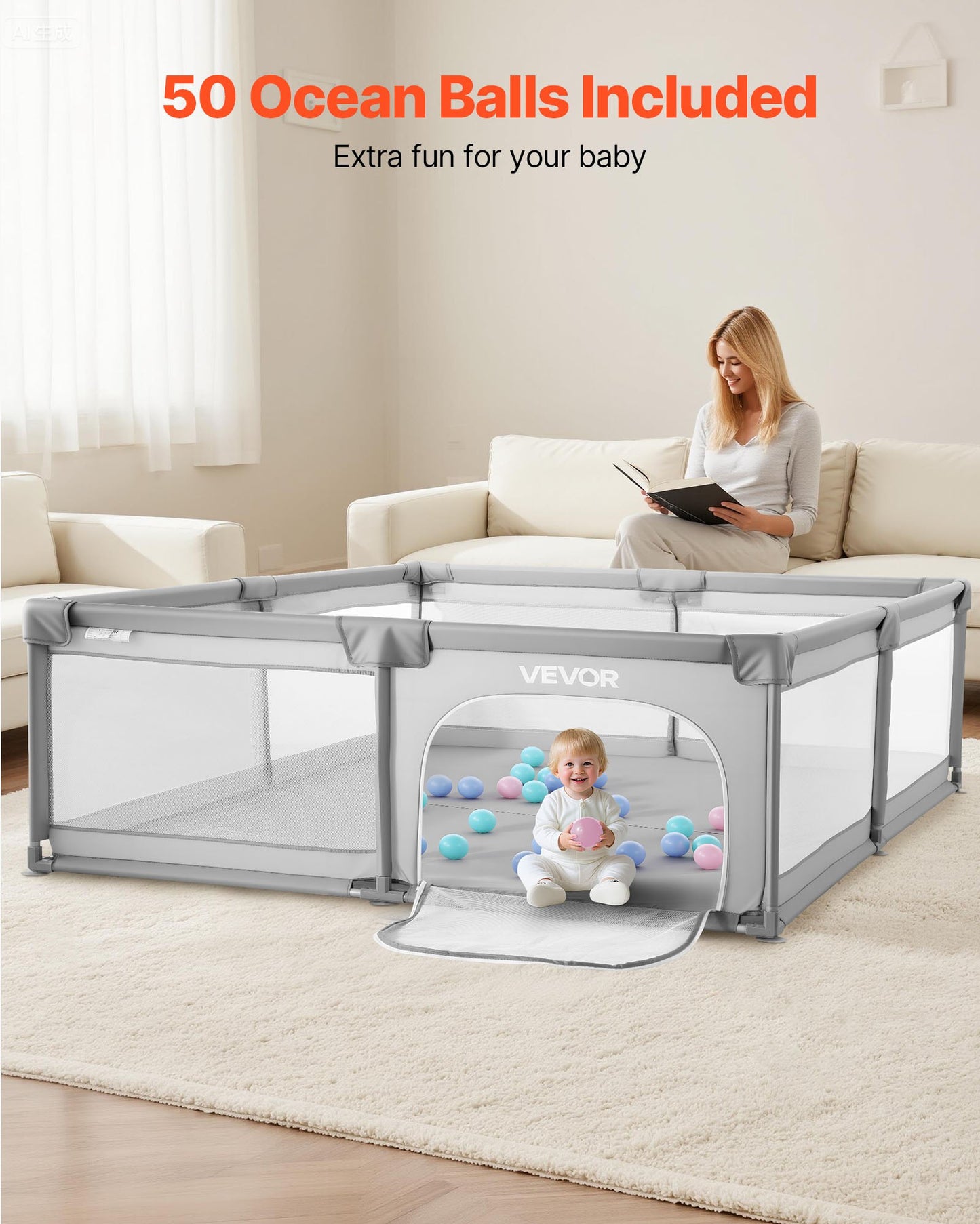Baby Playpen, 2000 x 1785mm Extra Large Playpen for Babies Toddlers, Indoor/Outdoor Baby Fence Play Yard, No-Gap Safety Activity Center with 50 Ocean Balls, Zippered Door & Soft Breathable Mesh
