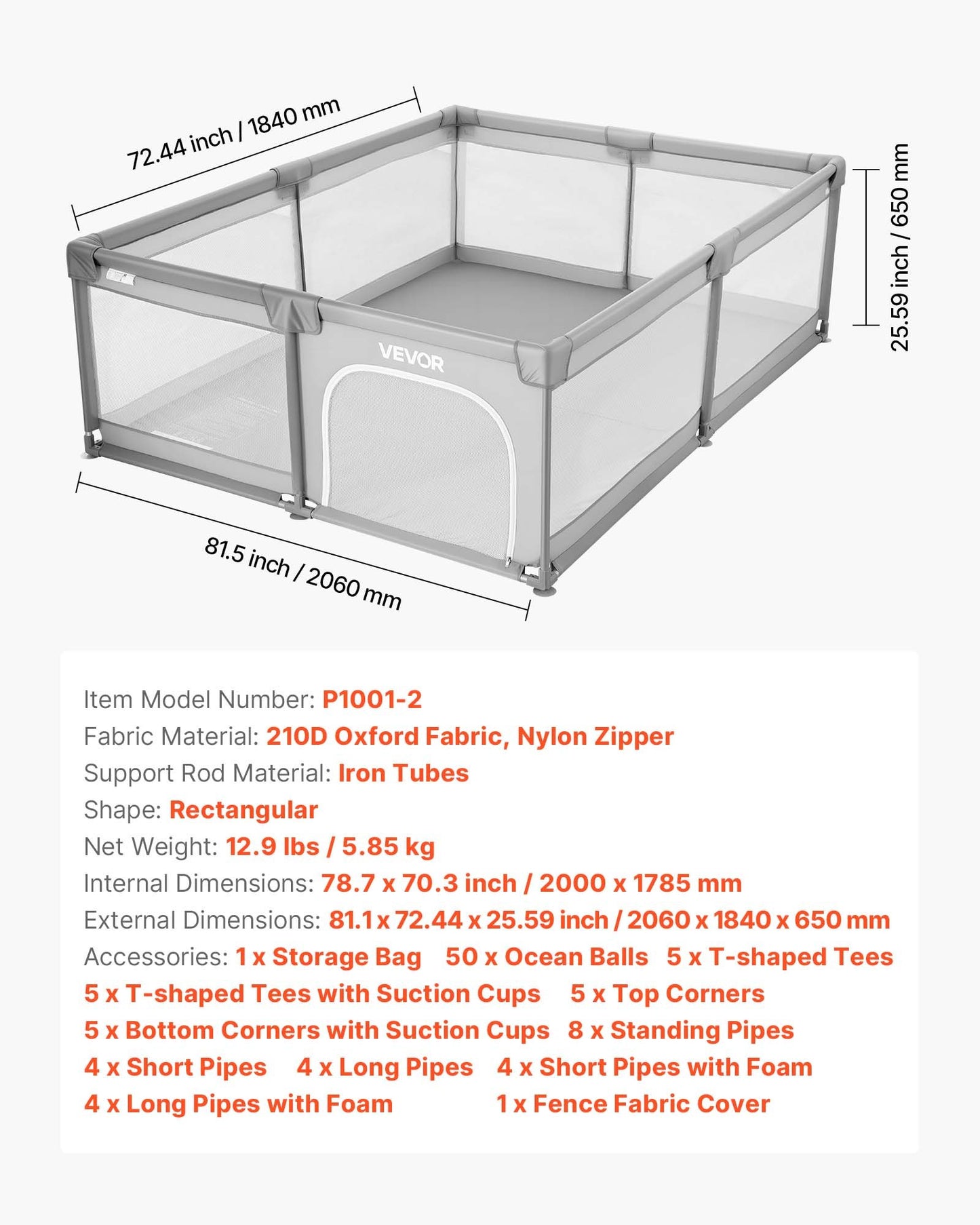 Lekhage för spädbarn, 2000 x 1785 mm extra stor lekhage för spädbarn, lekplats med staket för inomhus/utomhusbruk, säkerhetsaktivitetscenter utan mellanrum med 50 havsbollar, dragkedja med dörr och mjukt, andningsbart nät