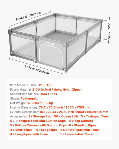 Lekhage för spädbarn, 2000 x 1785 mm extra stor lekhage för spädbarn, lekplats med staket för inomhus/utomhusbruk, säkerhetsaktivitetscenter utan mellanrum med 50 havsbollar, dragkedja med dörr och mjukt, andningsbart nät