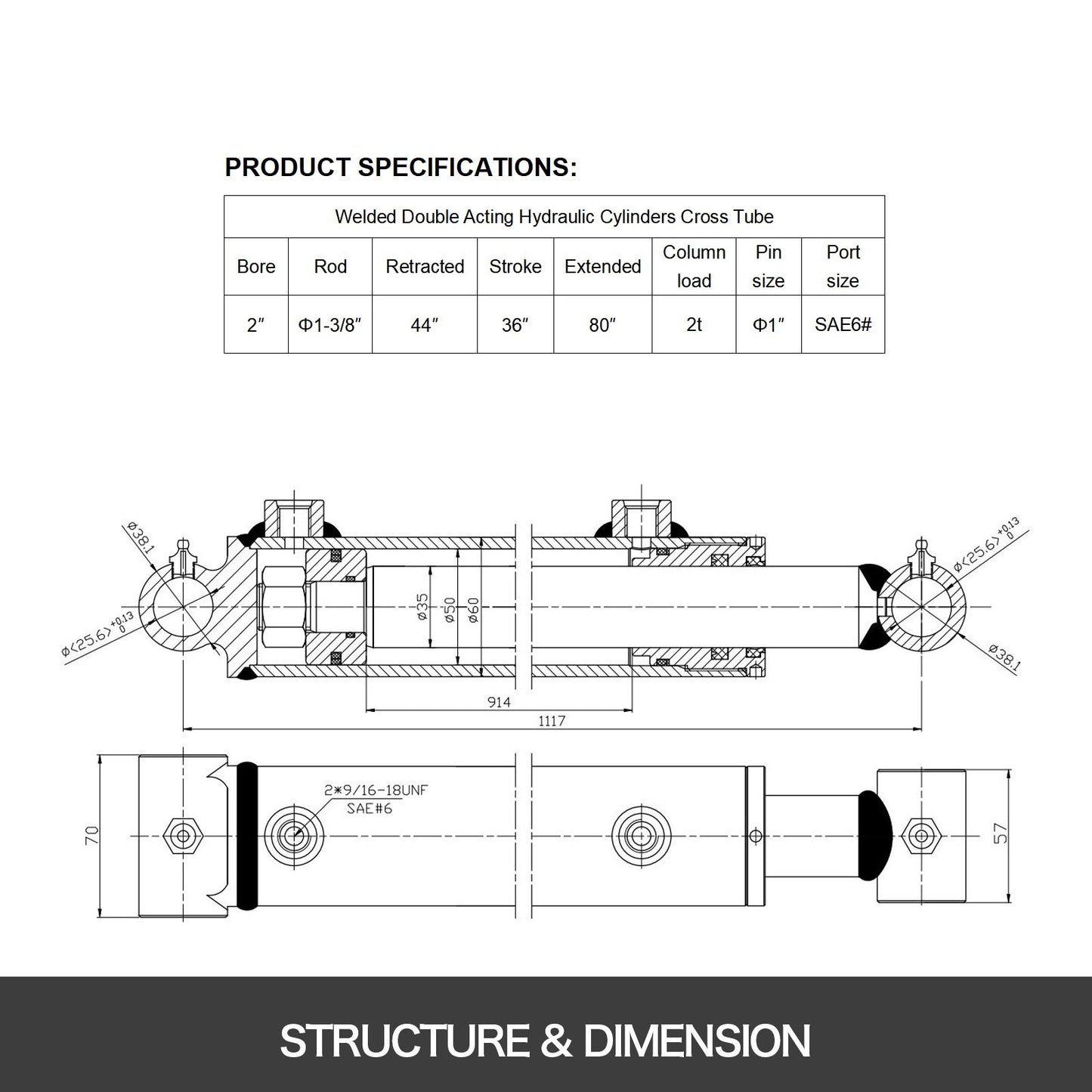 Hydraulic Cylinder 2\" Bore 36\" Stroke Hydraulic Ram Cylinder 3000psi Hydraulic Cylinders Welded Double Acting Cross Tube SAE6 Port Hydraulic Lifting Cylinder (2 X 36)