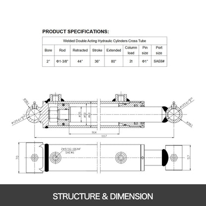 Hydraulic Cylinder 2\" Bore 36\" Stroke Hydraulic Ram Cylinder 3000psi Hydraulic Cylinders Welded Double Acting Cross Tube SAE6 Port Hydraulic Lifting Cylinder (2 X 36)