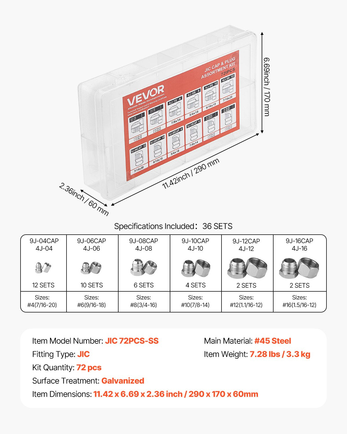 72 PCS JIC Hydraulic Fittings, Heavy Duty Master Industrial Hydraulic Cap and Plug, Hose Tube and Pipe Fitting Kit Cap and Plug Kit Precision Threading in 37° Dash Sizes 4 6 8 10 12 16