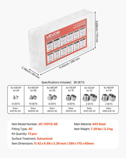 72 PCS JIC Hydraulic Fittings, Heavy Duty Master Industrial Hydraulic Cap and Plug, Hose Tube and Pipe Fitting Kit Cap and Plug Kit Precision Threading in 37° Dash Sizes 4 6 8 10 12 16