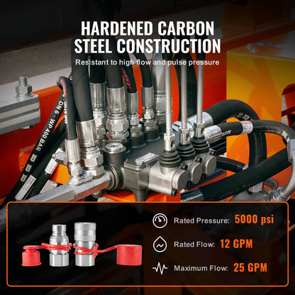 1/2" Flat Face Hydraulic Couplers, 3/4 SAE Skid Steer Hydraulic Quick Connect Couplers with 2 Dust Caps (ISO16028)