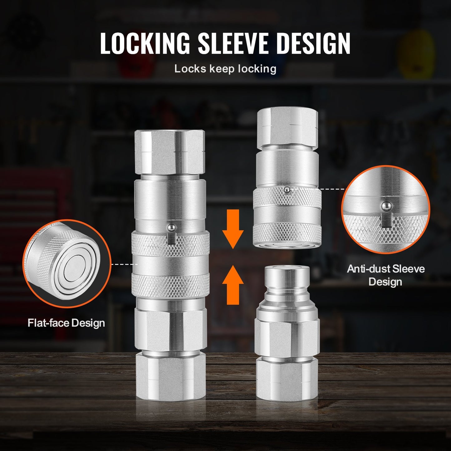 1/2" Flat Face Hydraulic Couplers, 1/2" NPT Skid Steer Hydraulic Quick Connect Couplers with 4 Dust Caps (ISO16028)