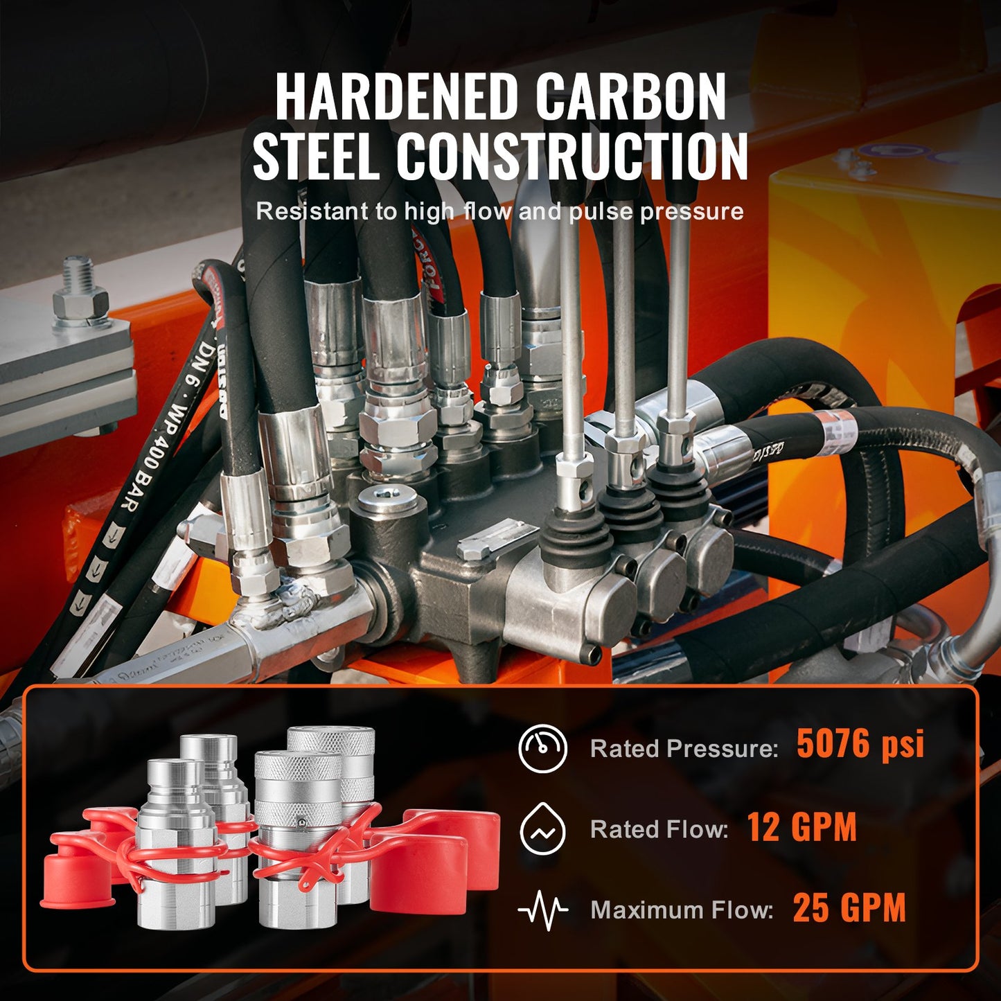 1/2" Flat Face Hydraulic Couplers, 1/2" NPT Skid Steer Hydraulic Quick Connect Couplers with 4 Dust Caps (ISO16028)
