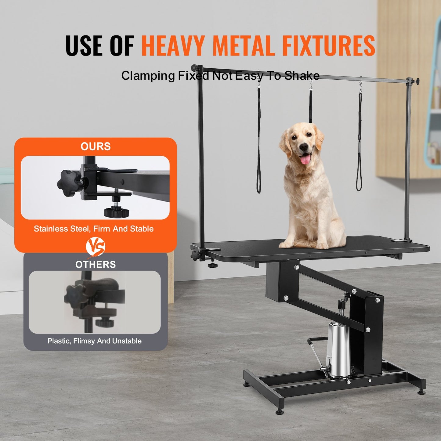 109 cm hydrauliskt trimbord för husdjur, kraftig hundtrimningsarm för medelstora/små hundar, höjdjusterbar hundtrimningsstation, halkfri bordsskiva/hundtrimningsstation, maxlast 182 kg