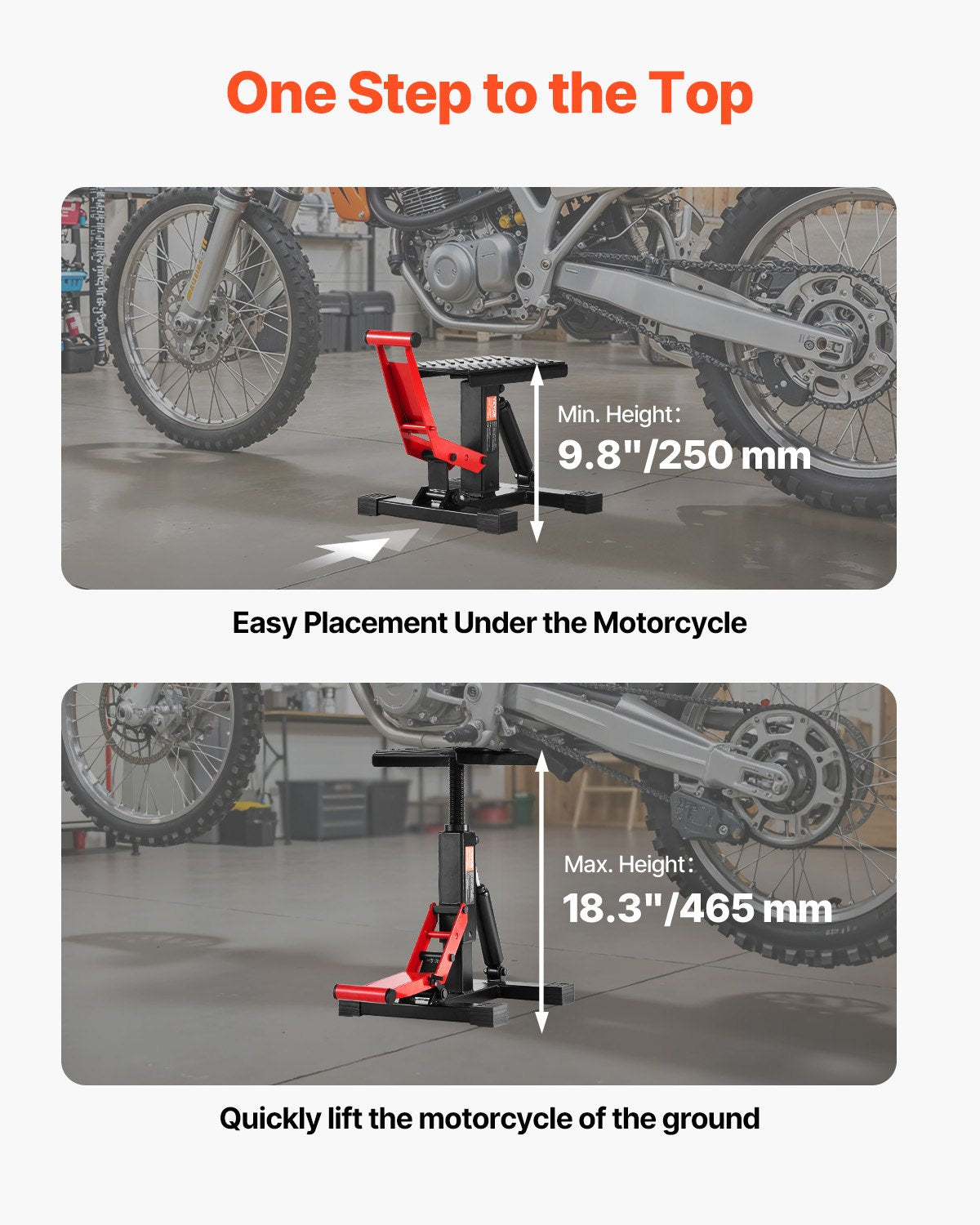 Lyftställ för dirtbike, domkraft för motorcykel, lyftställ 1200 kg kapacitet och hydraulisk lyftfunktion, lyftbord justerbar höjd 9,8"-18,3" för reparation av dirtbikes, underhåll, tillbehör till dirtbikes
