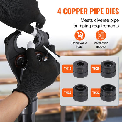 Copper Tube Fittings Hydraulic Pipe Crimping Tool, Pressing Plier with TH16, TH20, TH26, TH32 Quick Change Jaws, 360° Rotatable Press Kit for Confined Spaces Tee Fittings Hydraulically Driven