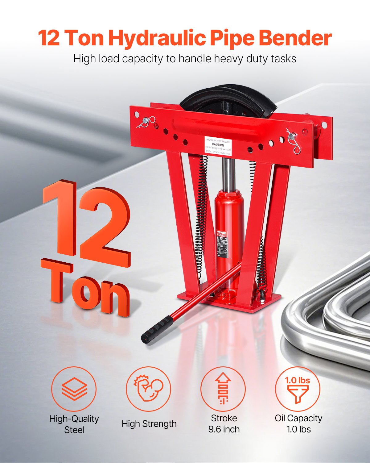 Hydraulic Pipe Bender, 12 Ton Manual Copper Exhaust Pipe Bending Machine with 6 Dies (1/2" - 2") and 90 - 180° Adjustable Rollers, Heavy-Duty Pipe Tube Bender for Piping Railing Construction