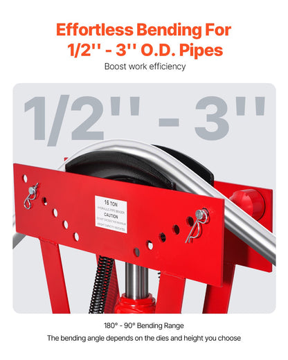 Hydraulisk rörbockare, 16 tons manuell kopparrörsbockningsmaskin för avgasrör med 8 matriser (1/2" - 3") och 90 - 180° justerbara rullar, kraftig rörbockare för rörlednings- och räckeskonstruktion