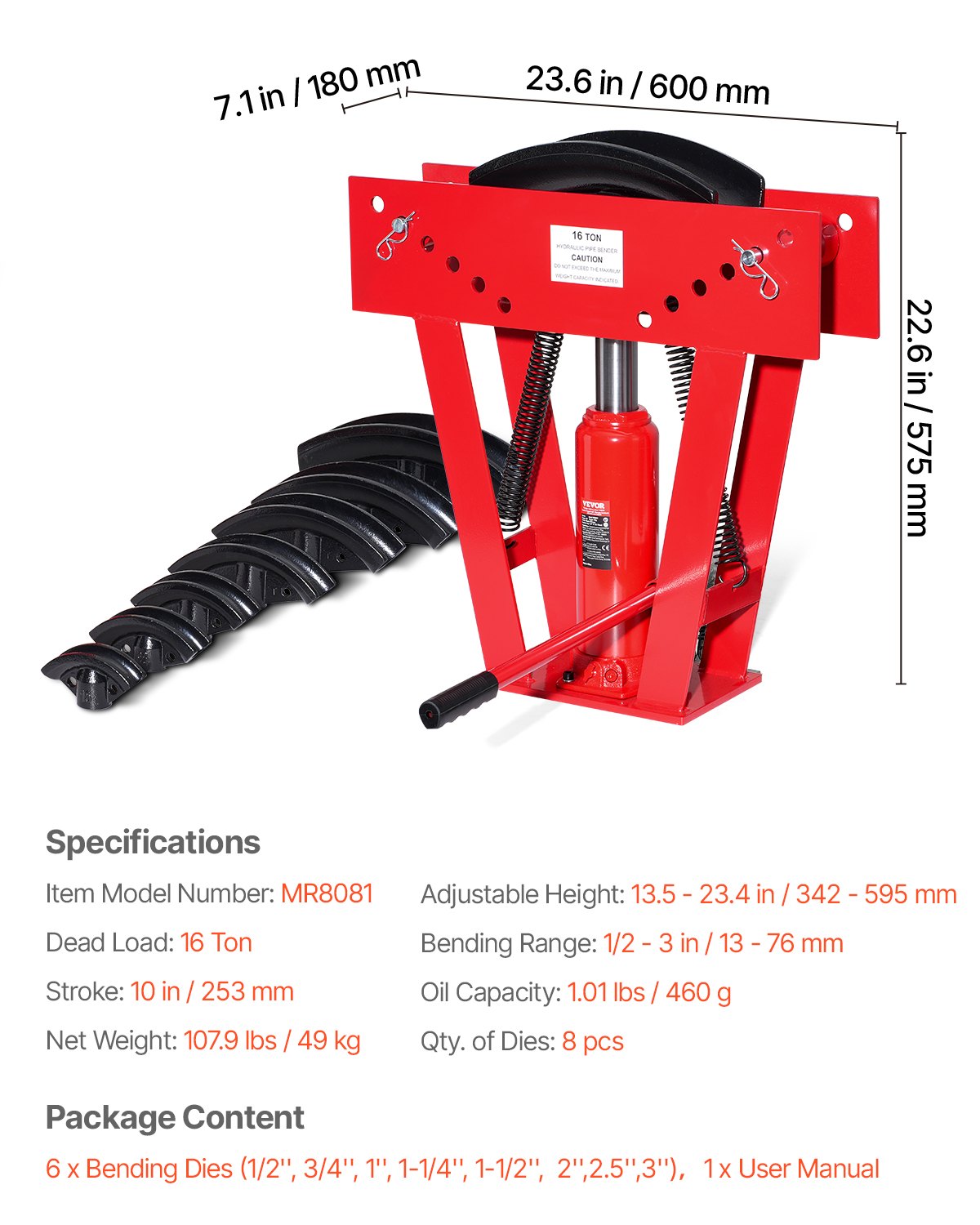 Hydraulisk rörbockare, 16 tons manuell kopparrörsbockningsmaskin för avgasrör med 8 matriser (1/2" - 3") och 90 - 180° justerbara rullar, kraftig rörbockare för rörlednings- och räckeskonstruktion