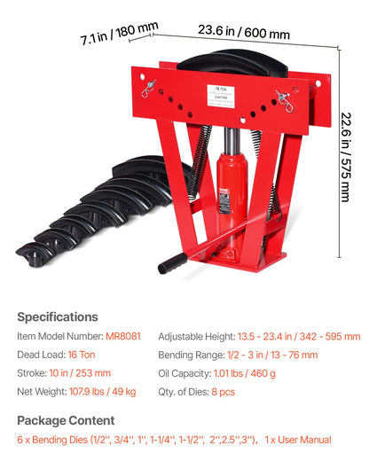 Hydraulisk rörbockare, 16 tons manuell kopparrörsbockningsmaskin för avgasrör med 8 matriser (1/2" - 3") och 90 - 180° justerbara rullar, kraftig rörbockare för rörlednings- och räckeskonstruktion